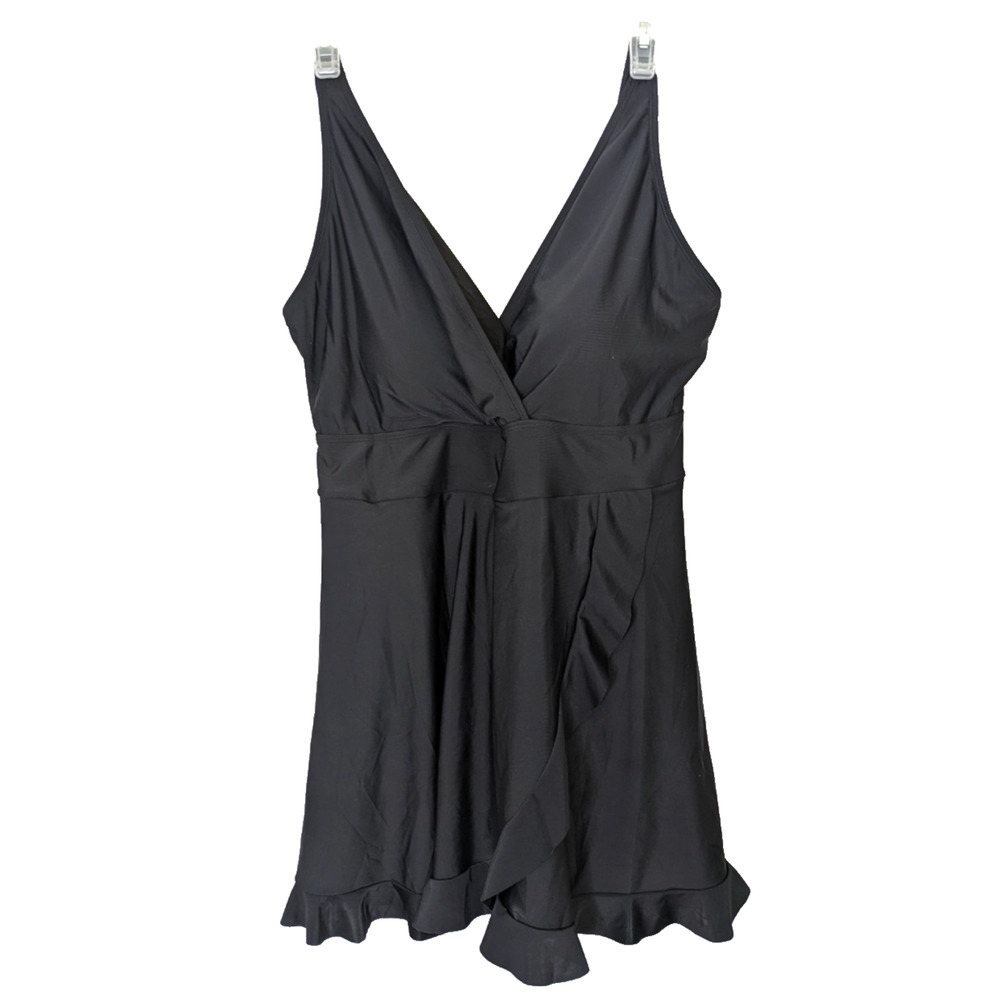 Womens Faux Wrap Front Swimdress Black 1XL Built In Brief Swimwear